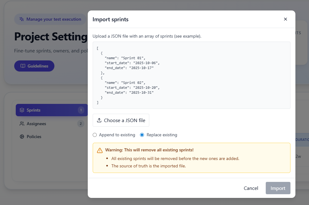 Project settings - Import - Execution